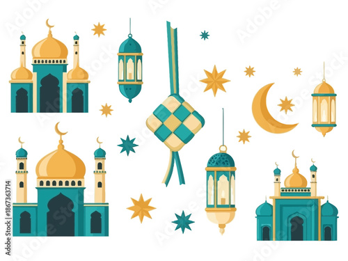 Islamic architectural elements and lanterns adorned with crescent moons and stars in a festive illustration
