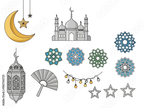Illustration of Islamic cultural symbols including mosque, crescent, stars, and lanterns on a white background.