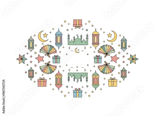 Celebration of Eid with traditional elements arranged in a circular pattern around a central mosque illustration