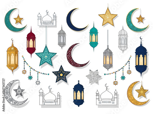 Collection of Islamic symbols and lanterns in various designs and colors, including crescent moons and stars, on a white background.
