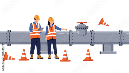 Two engineers in hard hats and safety vests inspecting a large industrial pipeline with traffic cones.