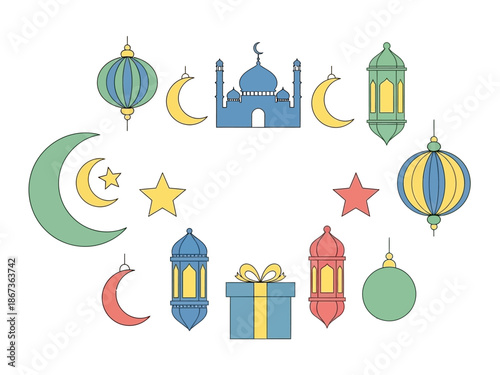 Celebratory Islamic elements arranged around a mosque with lanterns and crescent moons