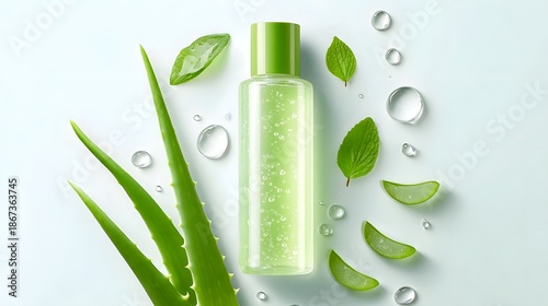 A clear bottle containing green aloe vera gel or toner artfully arranged with fresh aloe leaves slices and shimmering water droplets on a light background evoking natural beauty and wellness