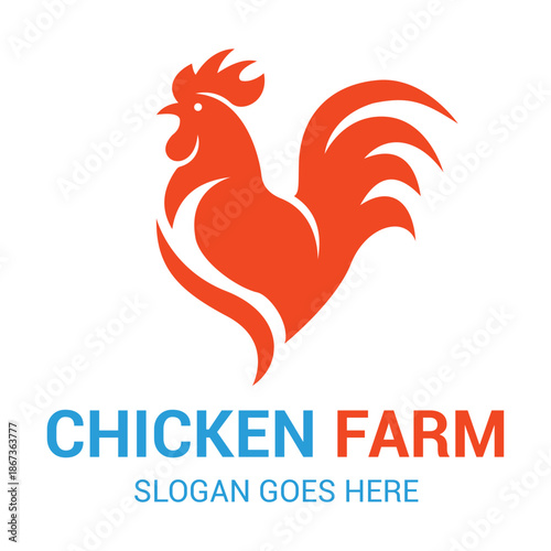 Chicken farm logo design with red rooster silhouette and clean typography for poultry business branding and identity.