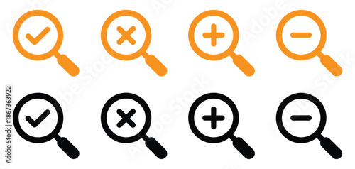 Magnifying glass icons for search and filtering concepts. Glass Icons Check, Cross, Plus, Magnifying, Search, Minus Symbols,  Elements Vector.