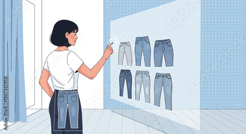 Woman utilizing interactive display for selecting jeans in a virtual clothing experience