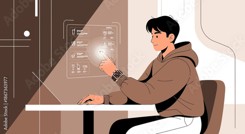 Young man interacts with a futuristic digital menu for ordering drinks at a cafe