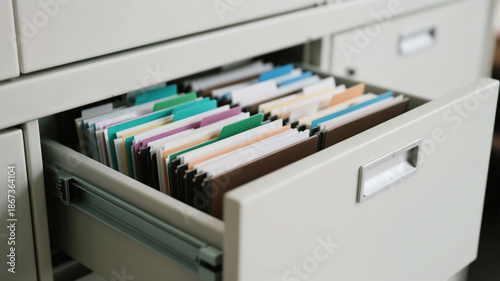 Close up view of office filing cabinet drawer with neatly arranged files
