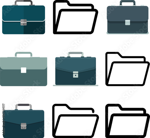 Collection of briefcases and file folders in various colors and styles for business and organization