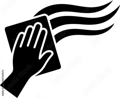 Hand cleaning surface with wipe, depicting hygiene, polishing, and wiping concept. Simple glyph style vector illustration