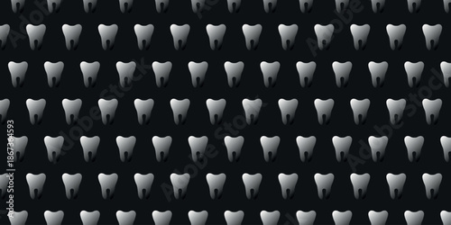 A repeating pattern of abstract tooth shapes rendered in a metallic grey against a dark background, suitable for dental or medical themes