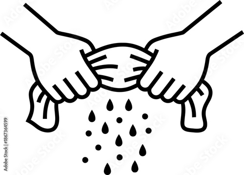 Hands squeezing wet cloth releasing water drops, concept of wringing or drying, for laundry, cleaning, and household tasks. Vector icon