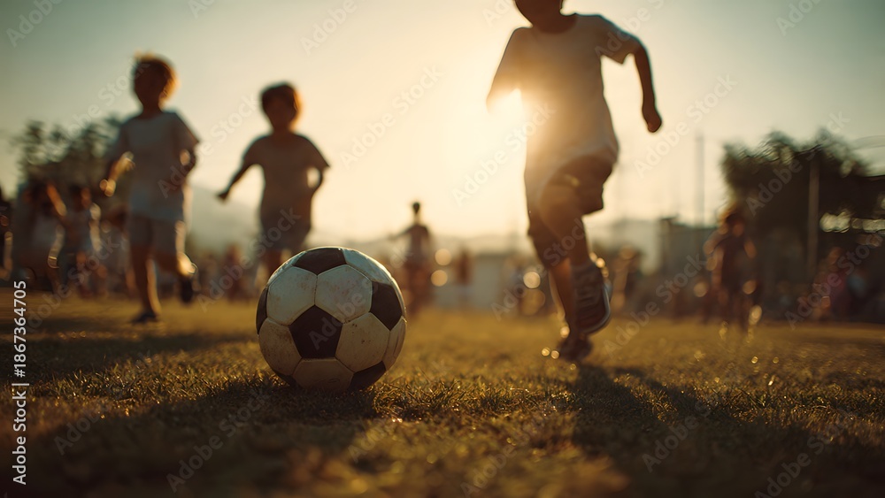 Fototapeta premium soccer ball in the air and children running after it