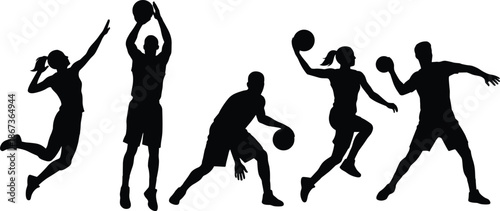 Basketball player silhouette action set showing shooting, dribbling and passing poses, black athletic sport figures isolated on white background for fitness and game design