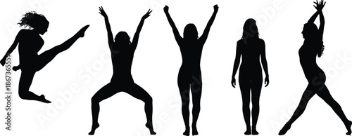 Dynamic female dancer silhouettes in expressive fitness and dance poses, showcasing movement, strength, flexibility, energy, balance, and modern artistic lifestyle concept
