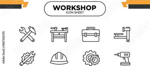 Black outline icon sheet of workshop and mechanical tools in line art style