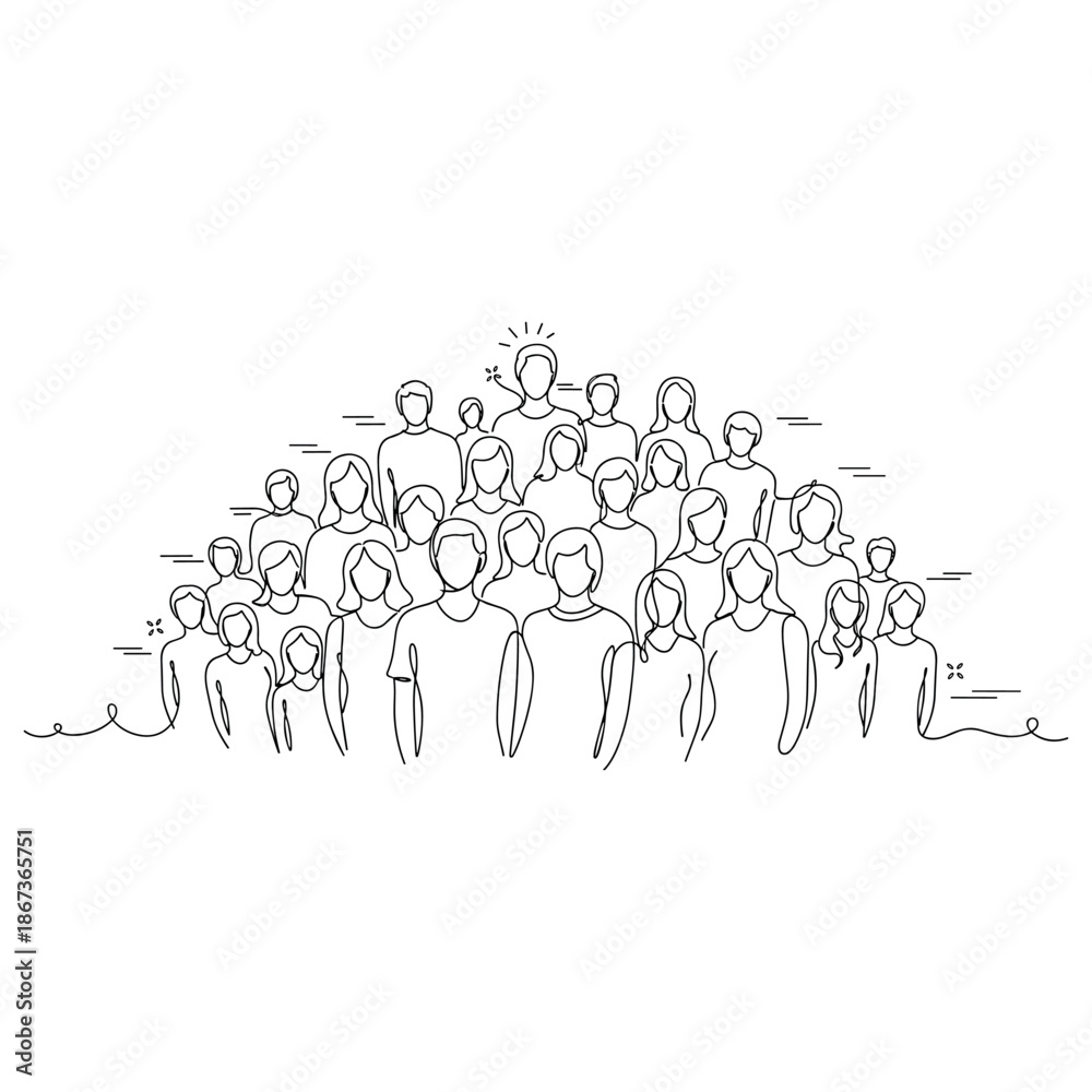 Naklejka premium Minimalist line drawing of diverse crowd with simplified outlines and expressions, no editable stroke