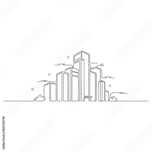 Minimalistic line art of modern urban cityscape with skyscrapers, no editable stroke