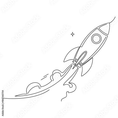 Outline drawing of a rocket launch with star and smoke trail, no editable stroke