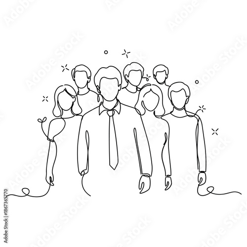 Line art illustration of diverse team of adults in business attire, no editable stroke