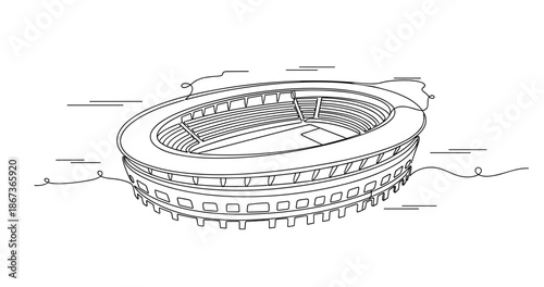 Line art illustration of an empty stadium arena with detailed architecture, no editable stroke