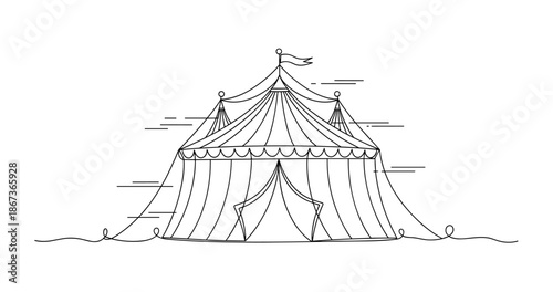 Black and white circus tent line art - whimsical outline illustration with artistic flair, no editable stroke