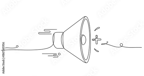 Minimalist line art of megaphone with sound waves, no editable stroke