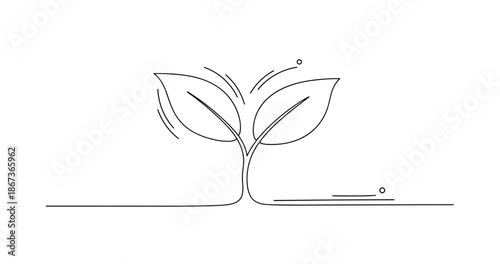 Minimalist line art of growing plant with two leaves, no editable stroke