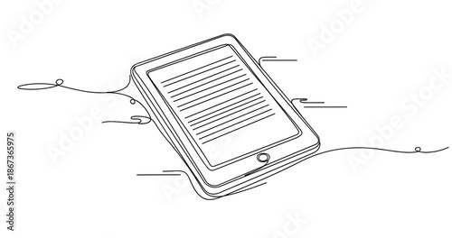 Line art of e-reader tablet with flowing lines, no editable stroke