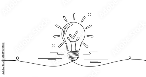 Continuous line drawing of light bulb with checkmark symbol for creative ideas, no editable stroke