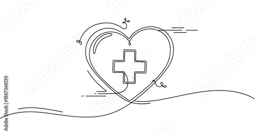 Heartbeat line art with medical cross symbolizing health and care, no editable stroke