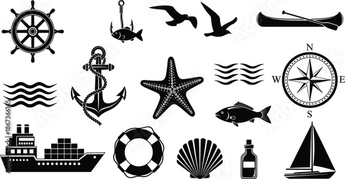 Nautical, silhouette, marine, ocean, anchor, compass, ship, boat, fish, birds, paddle, wheel, rope, seashell, starfish, lifebuoy, bottle, travel, sea, graphic, vector, design