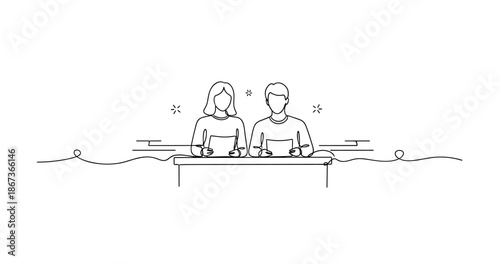 Line art of caucasian male and female adults collaborating at desk with papers, no editable stroke