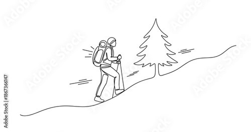 Line art of hiker climbing mountain slope with walking poles, no editable stroke