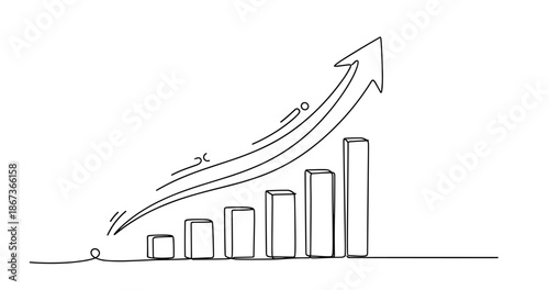 Continuous line art of rising bar graph with arrow indicating growth and progress, no editable stroke