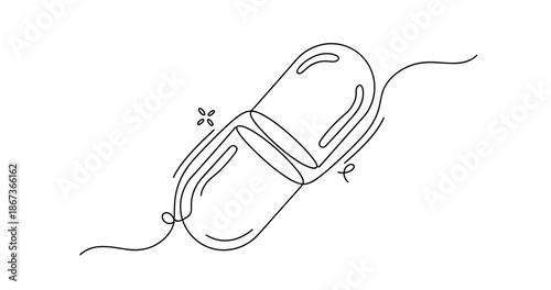 Minimalist line art of a split capsule with abstract designs, no editable stroke