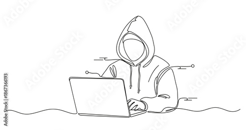Line art of mysterious hooded figure using laptop in minimalist style, no editable stroke