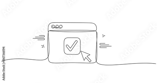 Simple line art of a web browser with a clickable check icon, no editable stroke