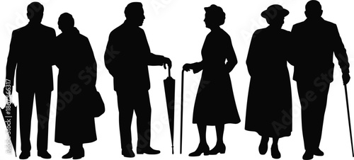 Senior citizen silhouette vector set, elderly men and women walking with canes for retirement community design