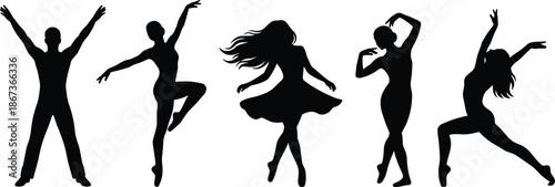 Female dance silhouette collection with expressive ballet and modern movement poses, black elegant women dancers isolated on white background for creative design projects