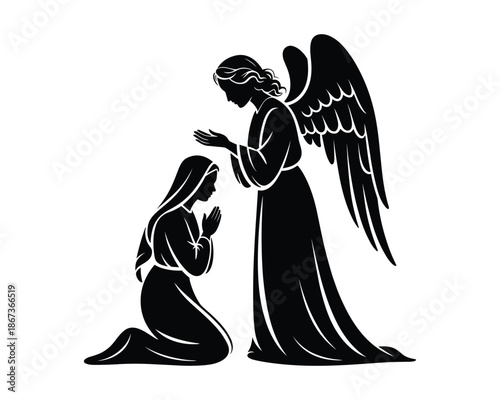 angel and woman praying together in silhouette