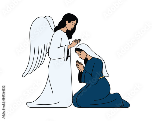 angel praying with woman on her knees in blue dress