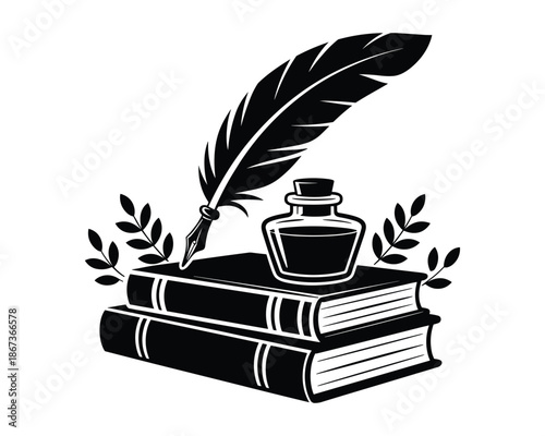 black and white illustration of books with quill and inkwell