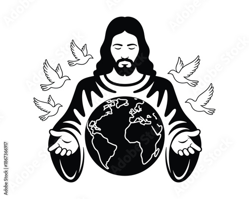 Jesus Christ holding the Earth with doves flying around him