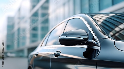 A close up view of a dark gleaming luxury car s side mirror and door handle set against a soft focus background of contemporary glass buildings in a city setting
