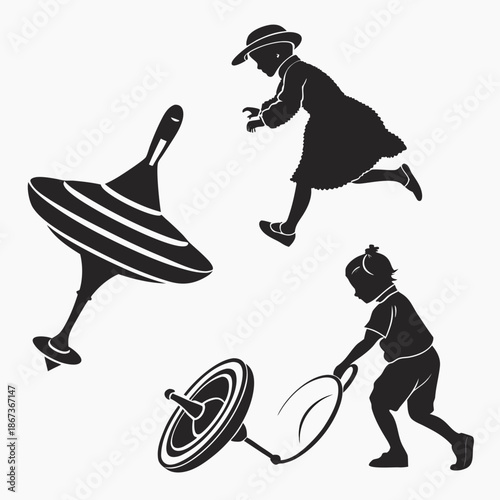 Children playing with spinning tops