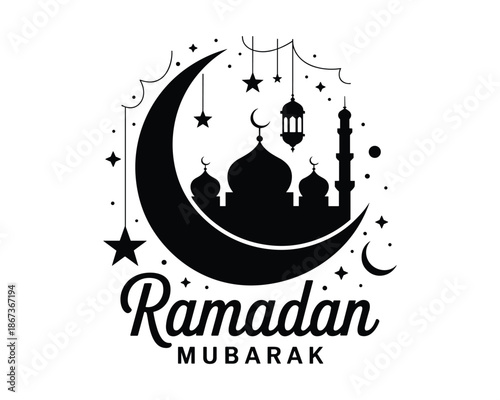 Ramadan Mubarak greeting card with mosque silhouette and crescent moon