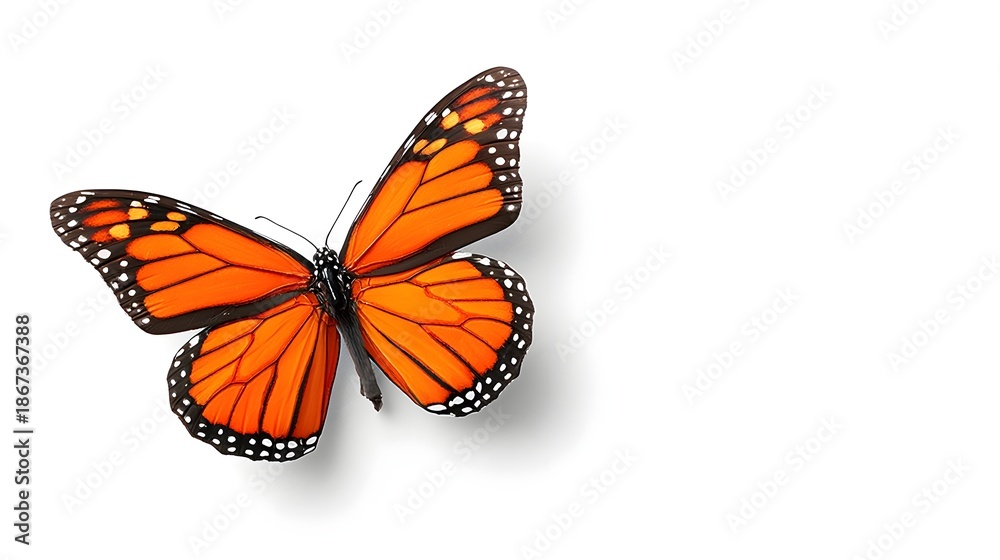 Fototapeta premium Close up depiction of a monarch butterfly highlighting the intricate details of its orange wings with black veins and white spots isolated on a clean white surface