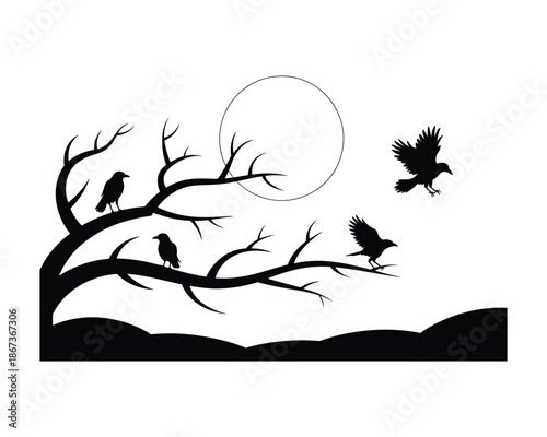 silhouette of birds on a tree branch at night