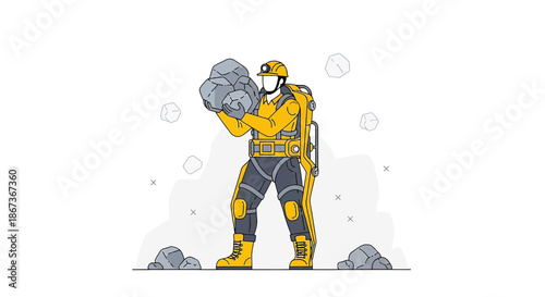 Illustrated cartoon miner with rock haul, highlighting industry, labor and resource extraction